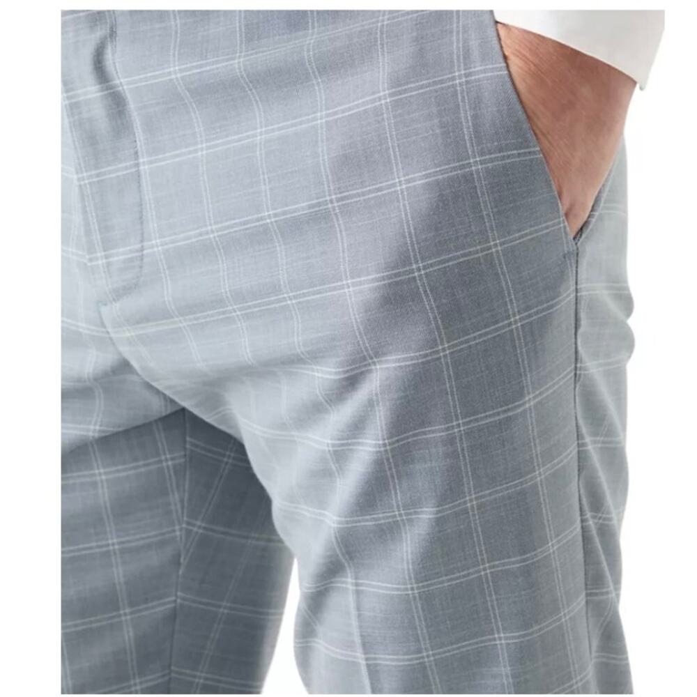 Mens 38 x 29 Pants Lt Grey Slim Fit Double Bar Plaid Chinos Perry Ellis NWT